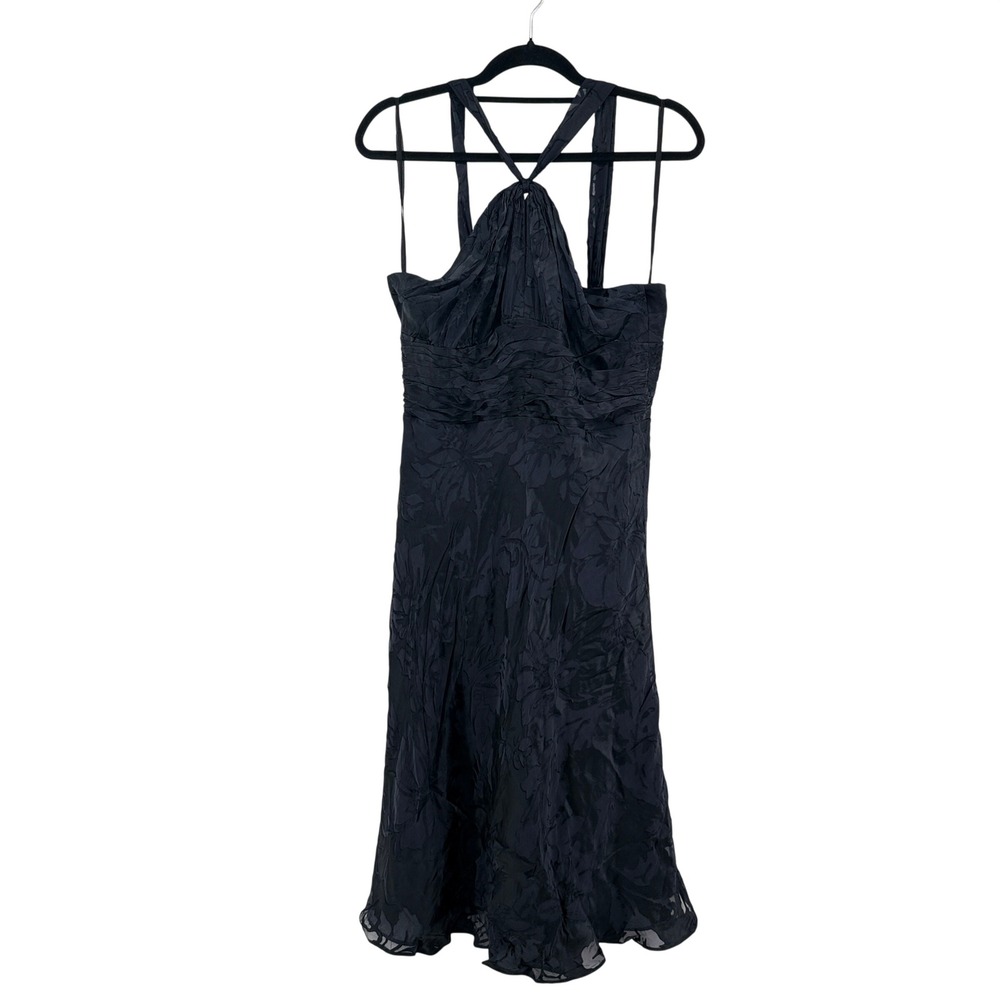 Anne Klein Dress Halter Silk Blend Burnout 12 Black Women Floral Midi Cocktail